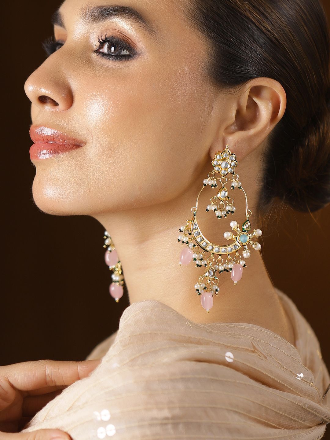 Dhiyona RJ Women's 22K Gold-Plated Pachi Kundan Studded Chandbali