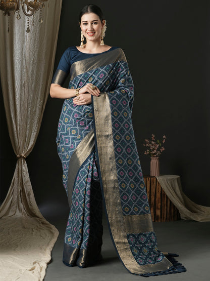 Women's Silk Blend Navy Blue Woven Design Designer Saree With Blouse Piece