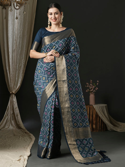 Women's Silk Blend Navy Blue Woven Design Designer Saree With Blouse Piece