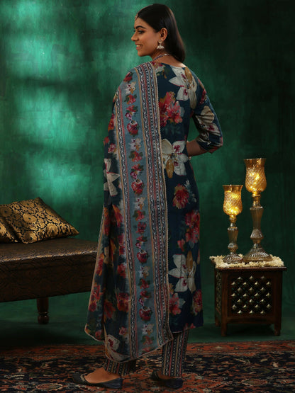 Women's LB Teal Printed Silk Blend Straight Suit With Dupatta