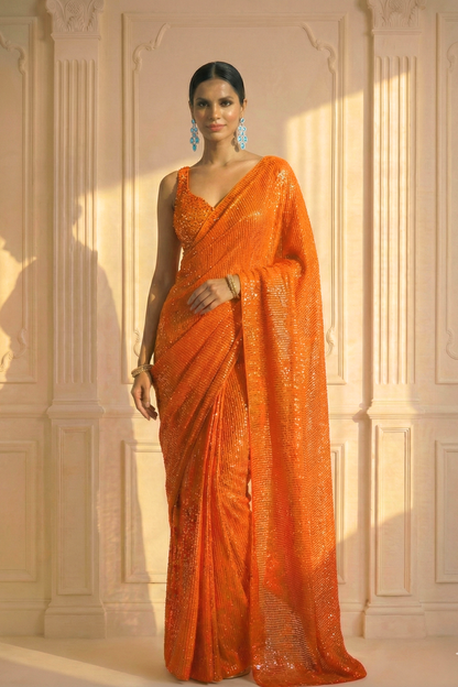 Dhiyona ST Tangerine Knitted Sequin Saree with Blouse Fabric