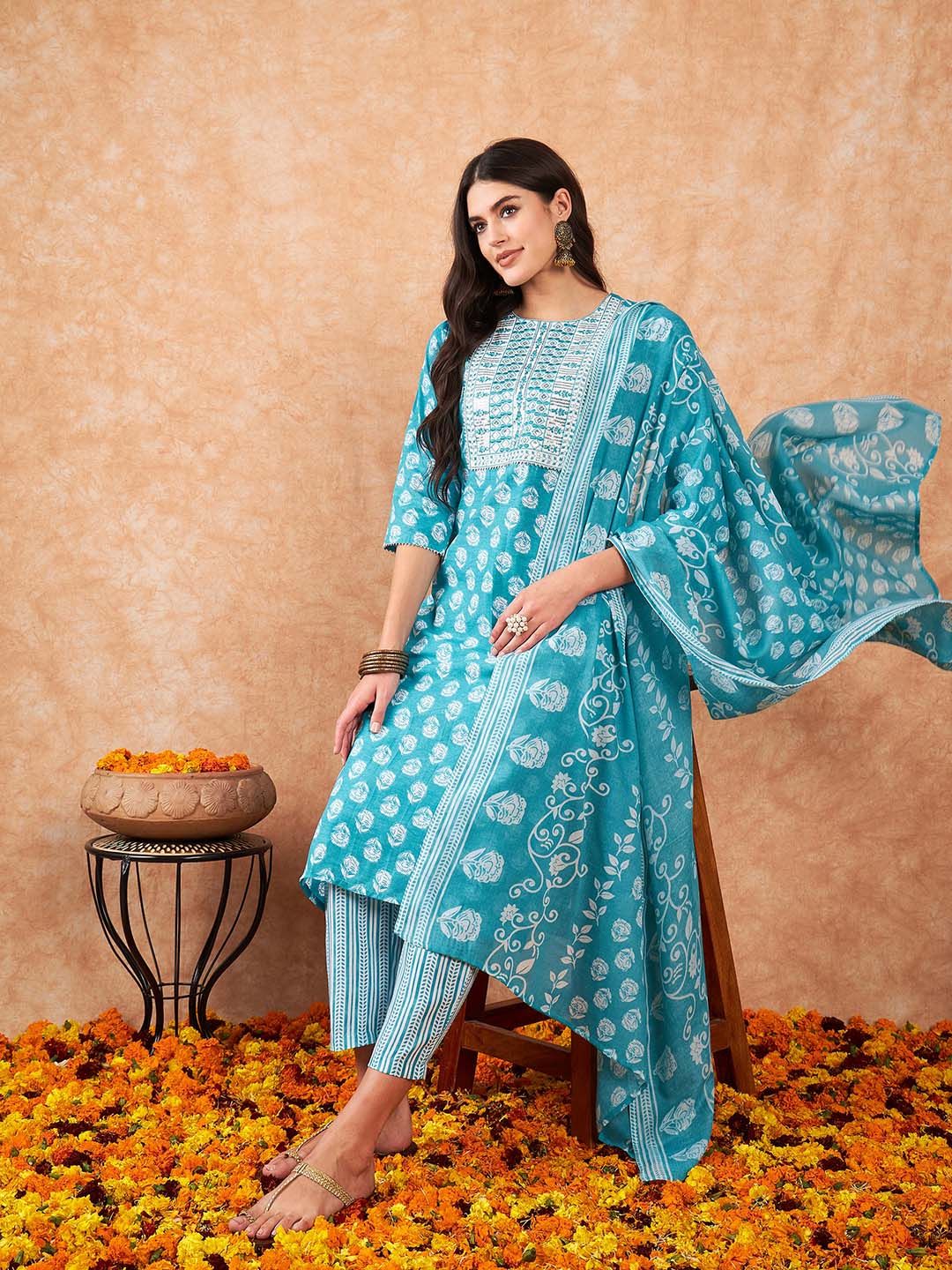 Dhiyona IE Women Floral Printed Regular Sequinned Pure Cotton Kurta with Trousers & Dupatta