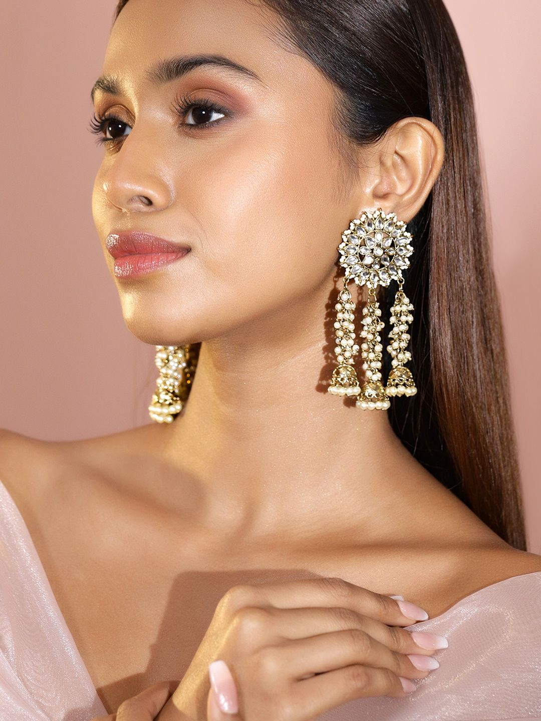 Dhiyona RJ Women's 22K Gold Plated Handcrafted Kundan Studded Floral Design 3-Layered Jhumkas Earrings