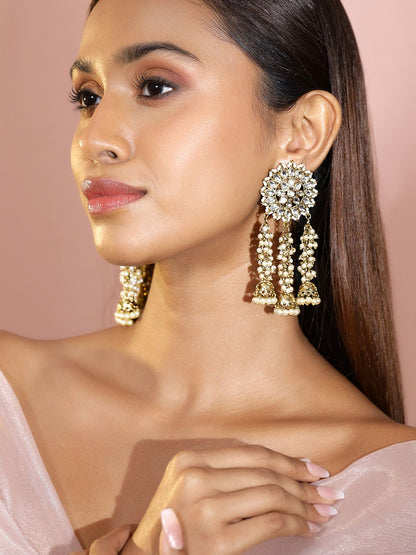 Dhiyona RJ Women's 22K Gold Plated Handcrafted Kundan Studded Floral Design 3-Layered Jhumkas Earrings