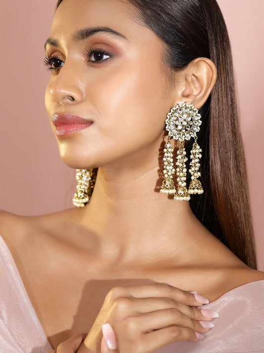 Dhiyona RJ Women's 22K Gold Plated Handcrafted Kundan Studded Floral Design 3-Layered Jhumkas Earrings