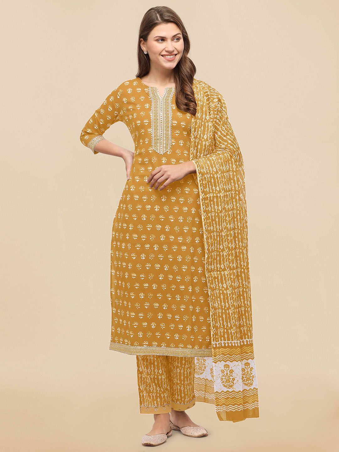 Dhiyona KL Women Mustard Yellow Kurta with Palazzos & With Dupatta