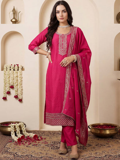 Women Ethnic Motifs Embroidered Regular Chanderi Cotton Kurta with Trousers & With Dupatta