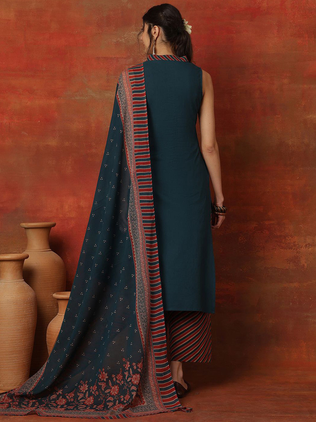 Women V-Neck A-Line Calf Length Kurta & Palazzos With Dupatta