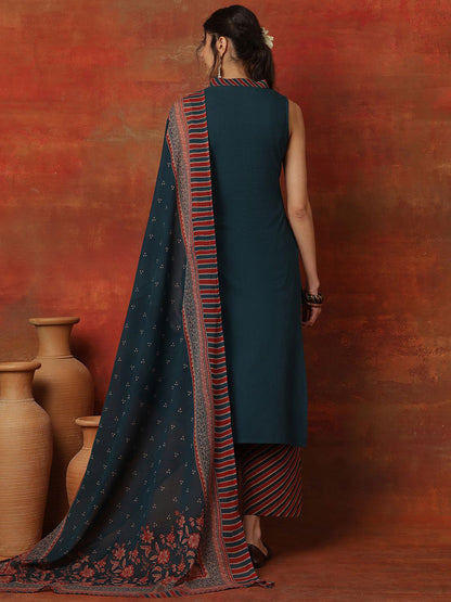 Women V-Neck A-Line Calf Length Kurta & Palazzos With Dupatta