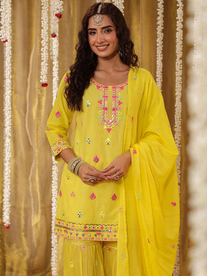 Dhiyona SC Ethnic Motifs Embroidered Pure Cotton Straight Kurta & Sharara With Dupatta