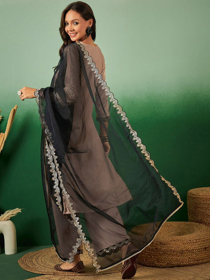 Dhiyona SN Ethnic Motifs Embroidered Sequined Velvet Kurta & Palazzos With Dupatta