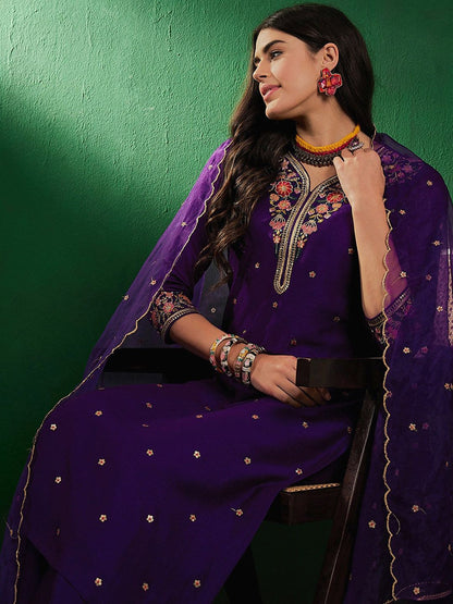 Dhiyona SN Ethnic Embroidered Sequined Zari V-Neck Kurta With Palazzo & Dupatta