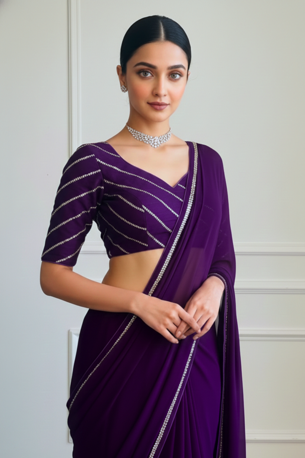 Dhiyona ST Purple Sequin Stripe Blouse – Free-Size Adjustable 32–40 inches | Partywear Ready-to-Wear Blouse