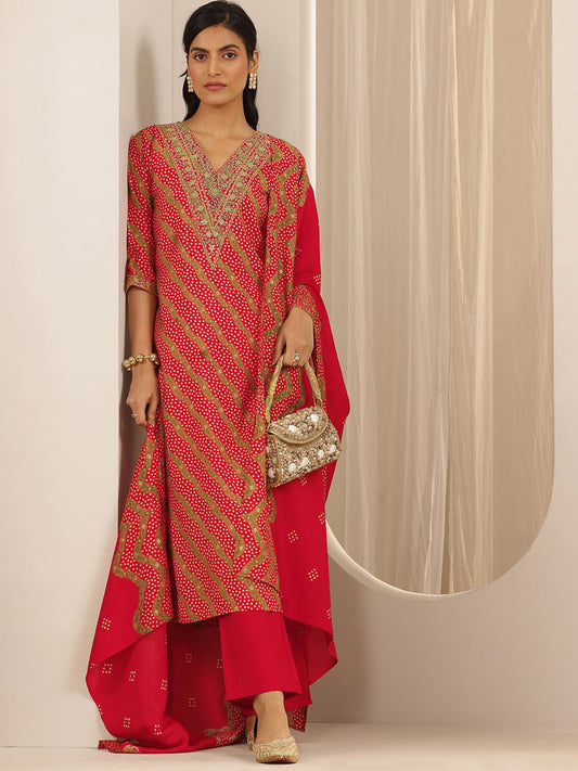 Bandhani Printed V-Neck Straight Kurta With Trousers And Dupatta
