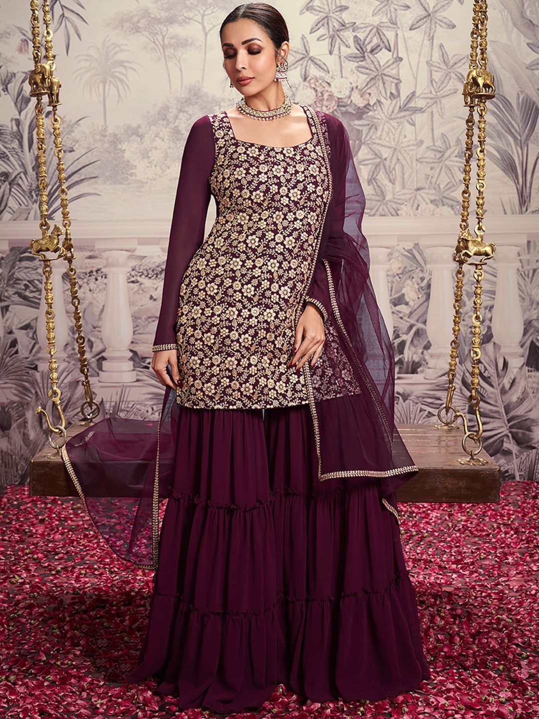 Dhiyona IN Floral Embroidered Square Neck Long Sleeve Sequinned Kurta Set With Dupatta