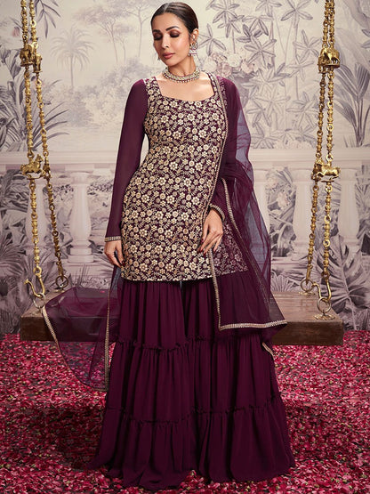 Dhiyona IN Floral Embroidered Square Neck Long Sleeve Sequinned Kurta Set With Dupatta
