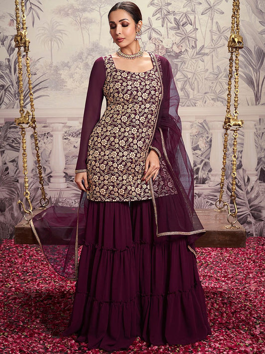 Dhiyona IN Floral Embroidered Square Neck Long Sleeve Sequinned Kurta Set With Dupatta