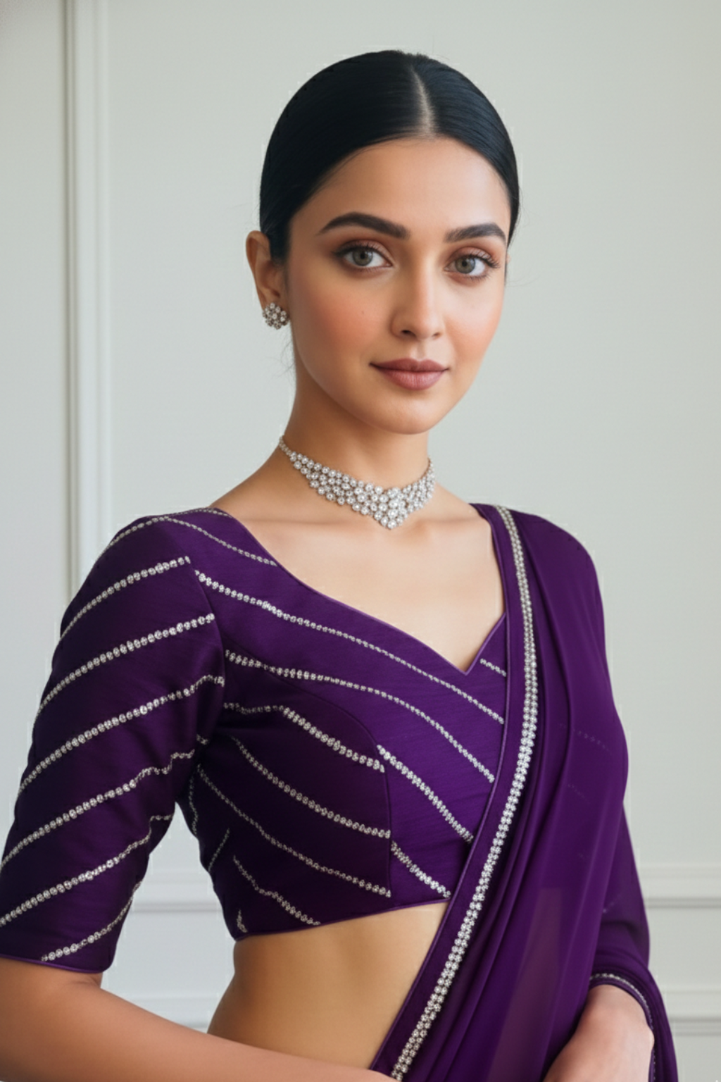 Dhiyona ST Purple Sequin Stripe Blouse – Free-Size Adjustable 32–40 inches | Partywear Ready-to-Wear Blouse