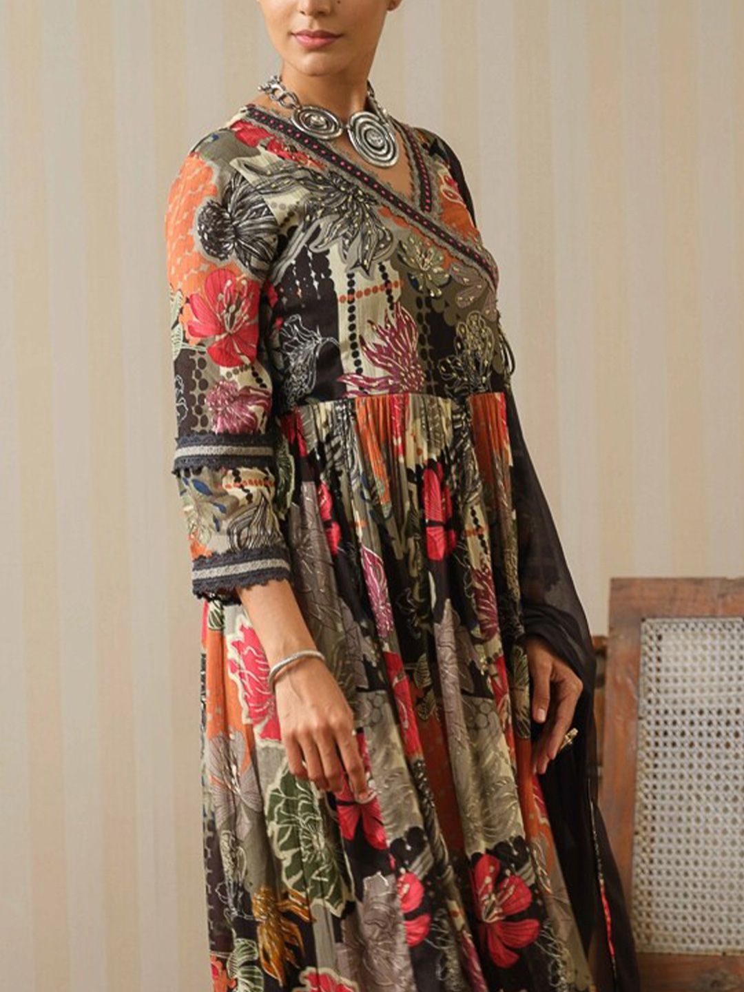 Dhiyona IS Women's Floral Printed Angrakha Sequinned Pure Silk Kurta with Trousers & Dupatta