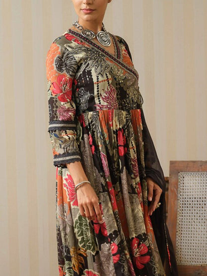 Dhiyona IS Women's Floral Printed Angrakha Sequinned Pure Silk Kurta with Trousers & Dupatta