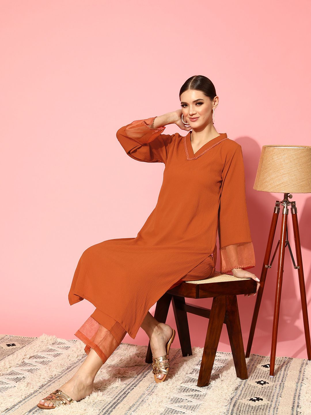 Rust Rust Flared Sleeve Organza detailed V Neck Textured Kurta with Palazzo