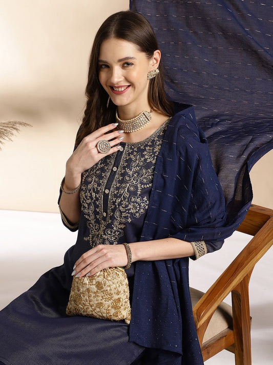 Dhiyona AN Ethnic Motifs Embroidered Round Neck Straight Kurta with Sharara & Dupatta