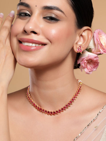 Dhiyona RJ Women's 18K Gold-Plated Ruby Pink Studded Traditional Necklace Set