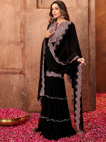 Dhiyona IN Women Black Ethnic Motifs Thread Work Kurta with Sharara & With Dupatta