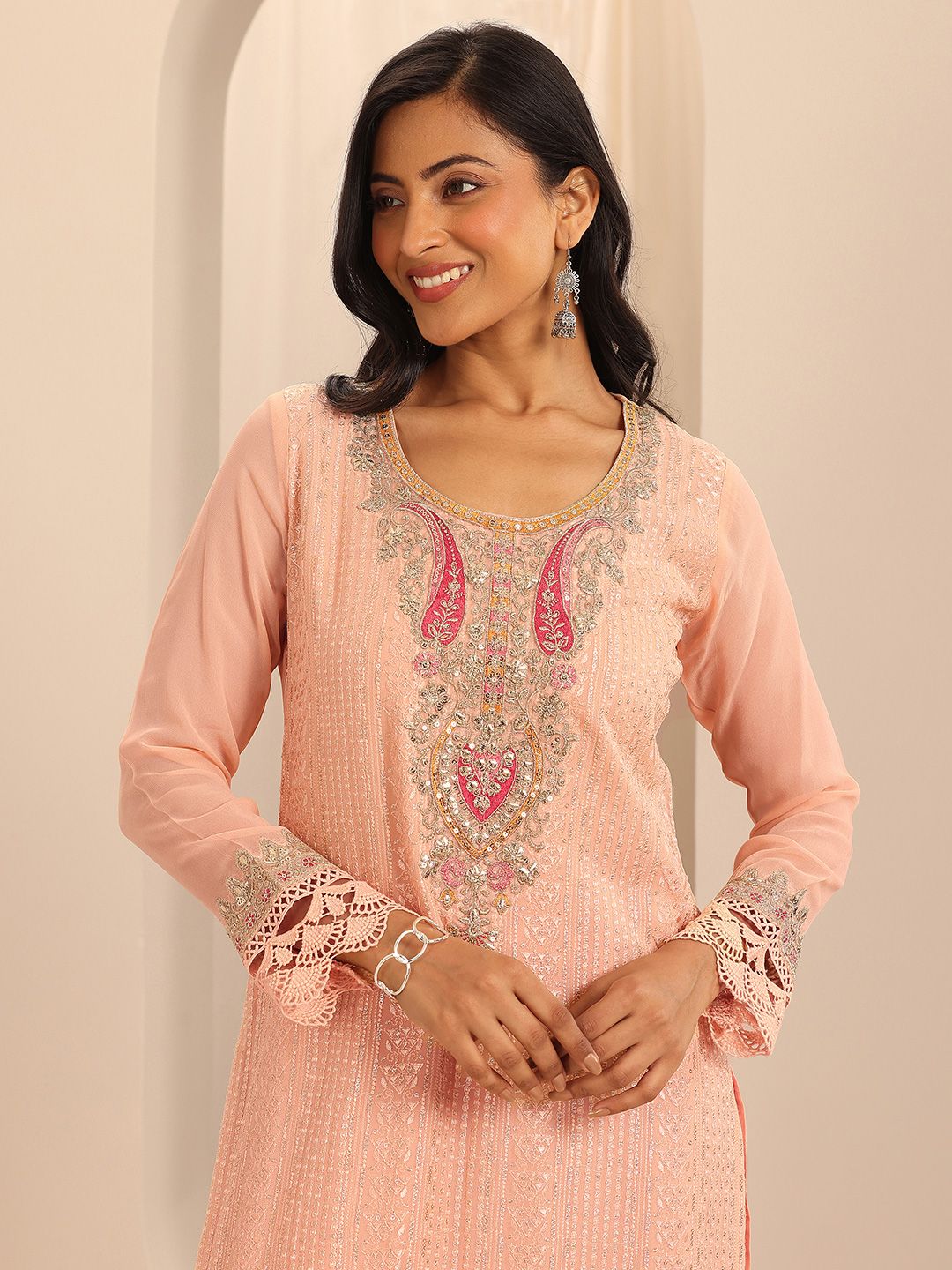 Dhiyona LL Womens Peach Embroidered Georgette Straight Kurta With Sharara & Dupatta