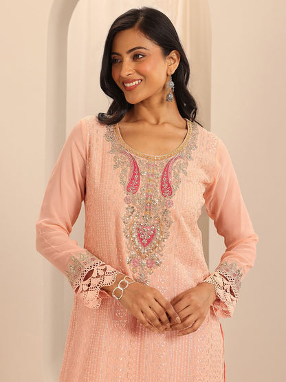 Dhiyona LL Womens Peach Embroidered Georgette Straight Kurta With Sharara & Dupatta