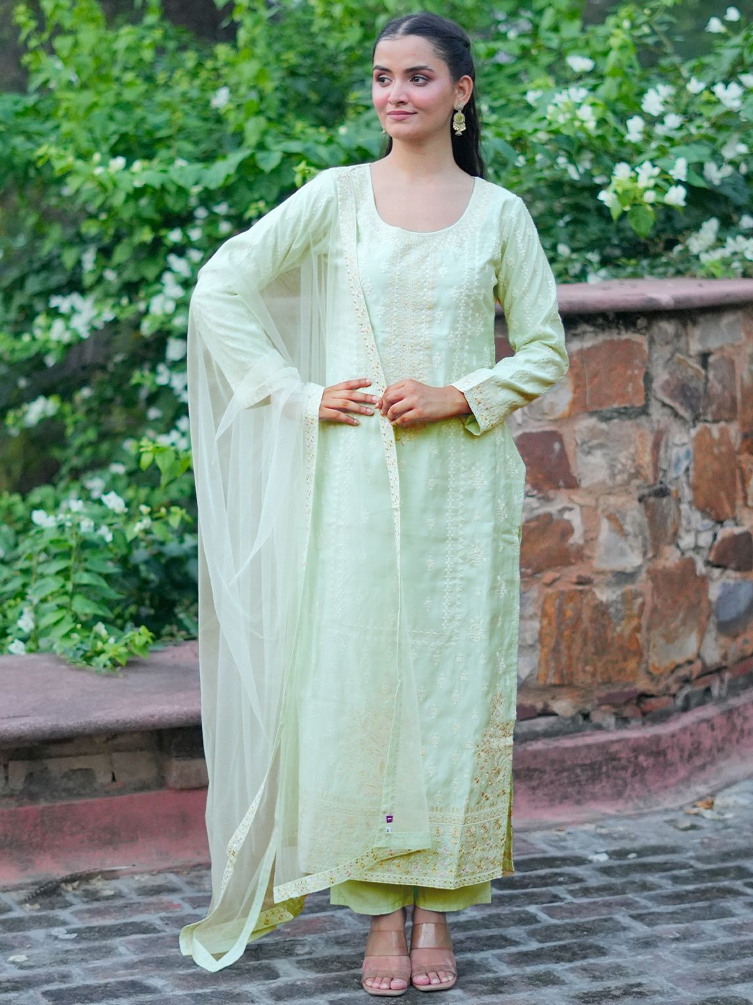 Dhiyona LL Floral Embroidered Regular Sequinned Kurta with Palazzos & With Dupatta