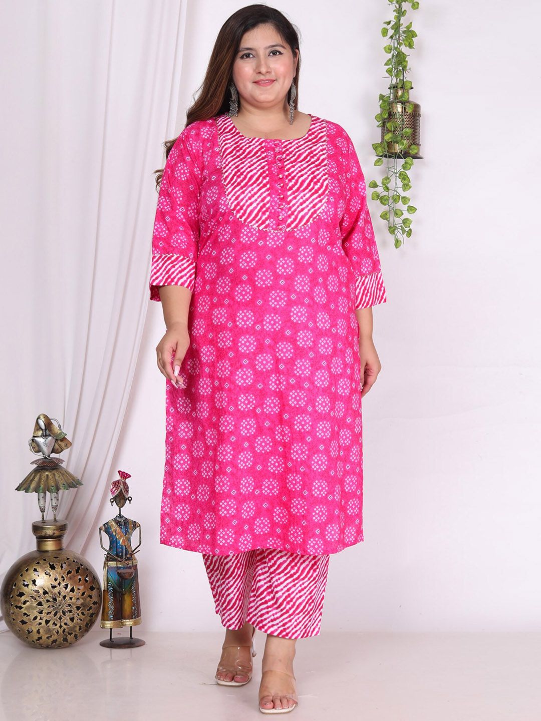 Dhiyona KL Pure Cotton Bandhani Printed Pure Cotton Straight Kurta & Trousers With Dupatta