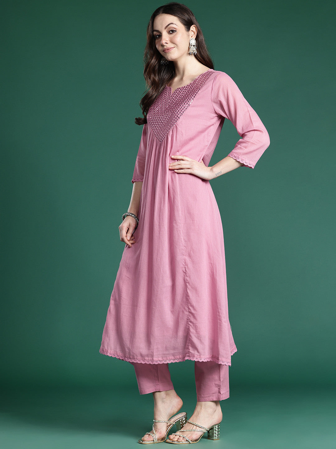 Embroidered Pure Cotton Kurta with Trousers & Dupatta