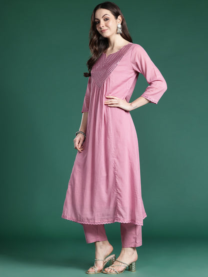 Embroidered Pure Cotton Kurta with Trousers & Dupatta