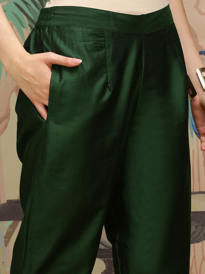 Dhiyona IS Women's Green Thread Work Silk Crepe Straight Kurta With Trousers & Dupatta
