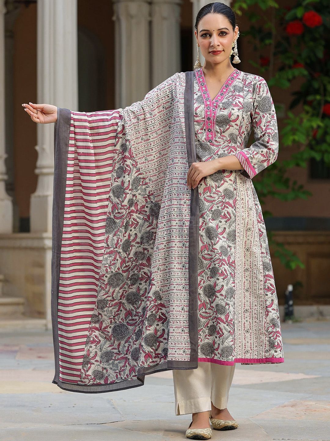 Dhiyona RR Women's Floral Printed Mirror Work Pure Cotton Kurta with Trousers & Dupatta