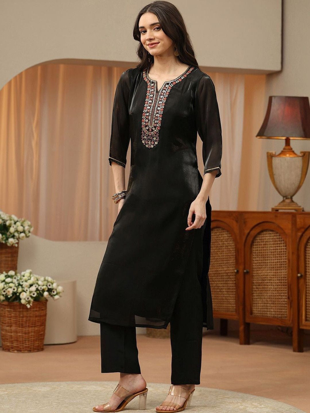 Libas Black Floral Yoke Design Tissue Straight Suit Set