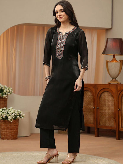 Libas Black Floral Yoke Design Tissue Straight Suit Set