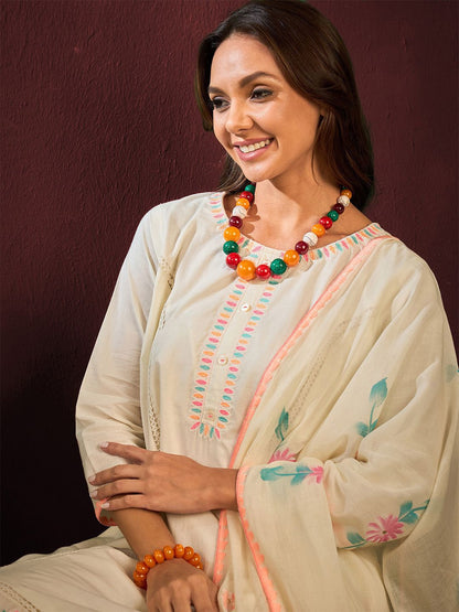 Dhiyona IS Women's Floral Embroidered Straight Pure Cotton Thread Work Kurta with Trousers & Dupatta