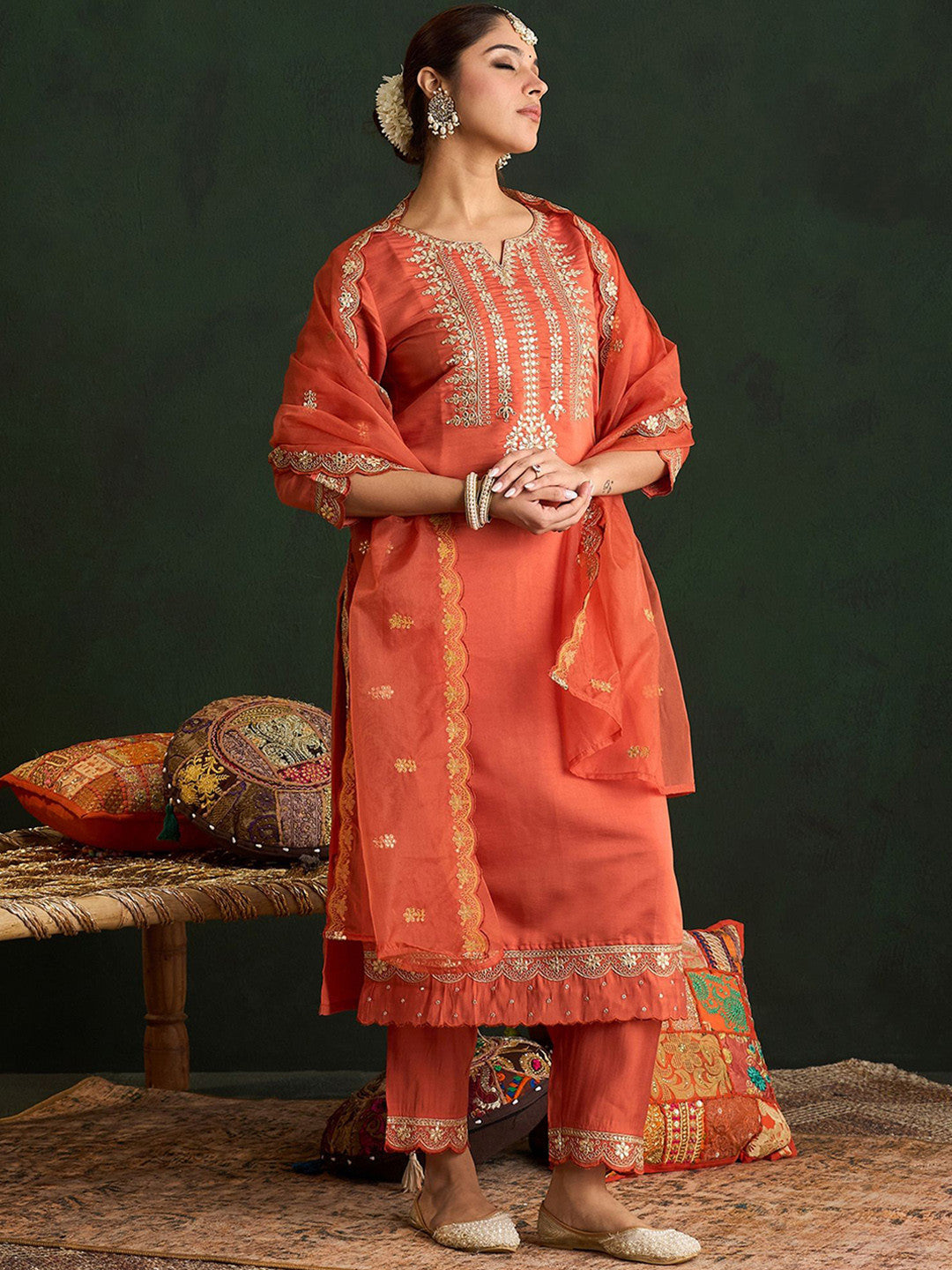 Women Ethnic Motifs Embroidered Regular Gotta Patti Kurta with Trousers & With Dupatta