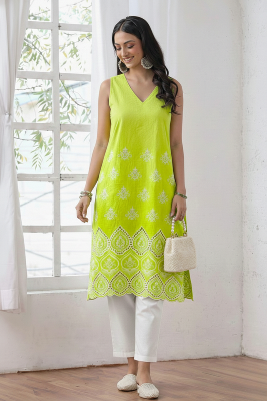 Dhiyona ST 2 Pc Set - Sinful Green Cotton Allover Embroidered Schffli Sleeveless Kurta with Pants