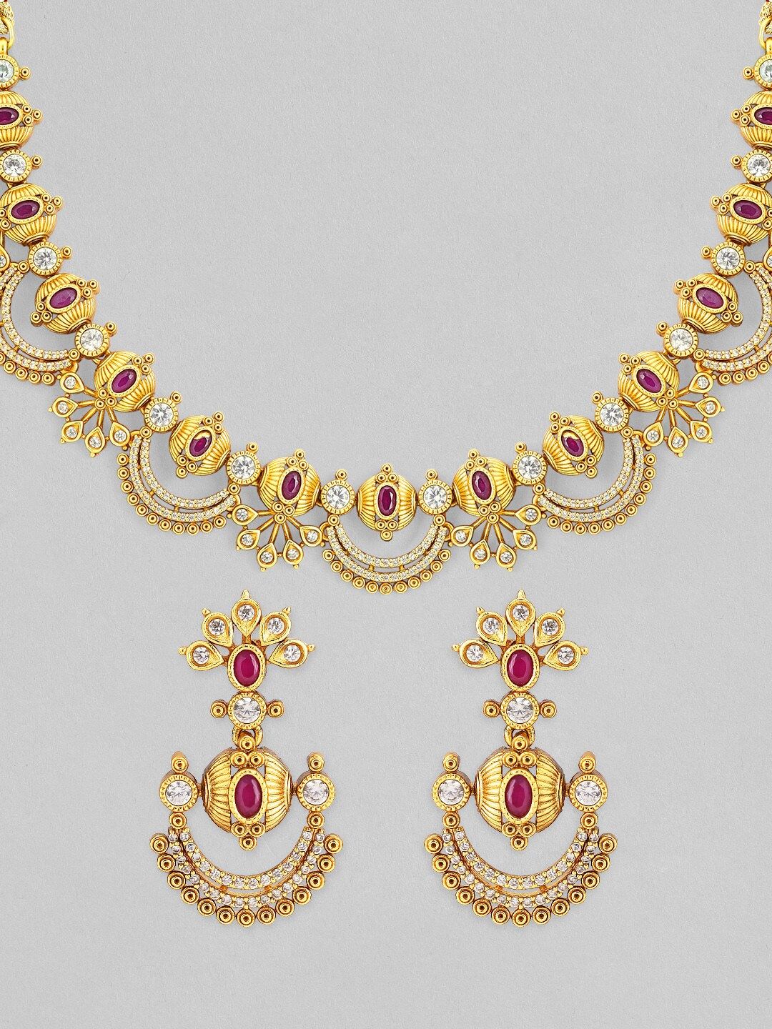 Dhiyona RJ Women's 24K Gold-Plated Ruby Pink & Cubic Zirconia Studded Temple Necklace Set