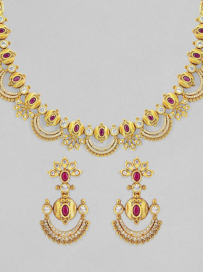 Dhiyona RJ Women's 24K Gold-Plated Ruby Pink & Cubic Zirconia Studded Temple Necklace Set