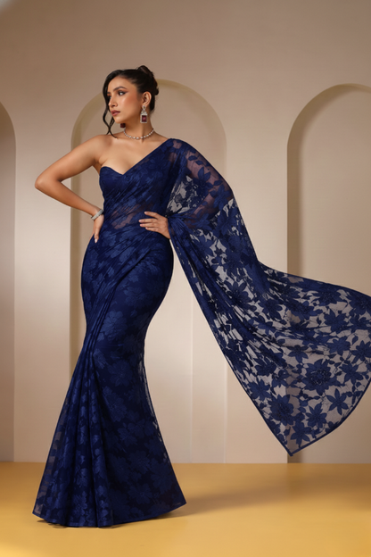 Dhiyona ST Navy Blue Leaf Lace Saree with plain Blouse Fabric