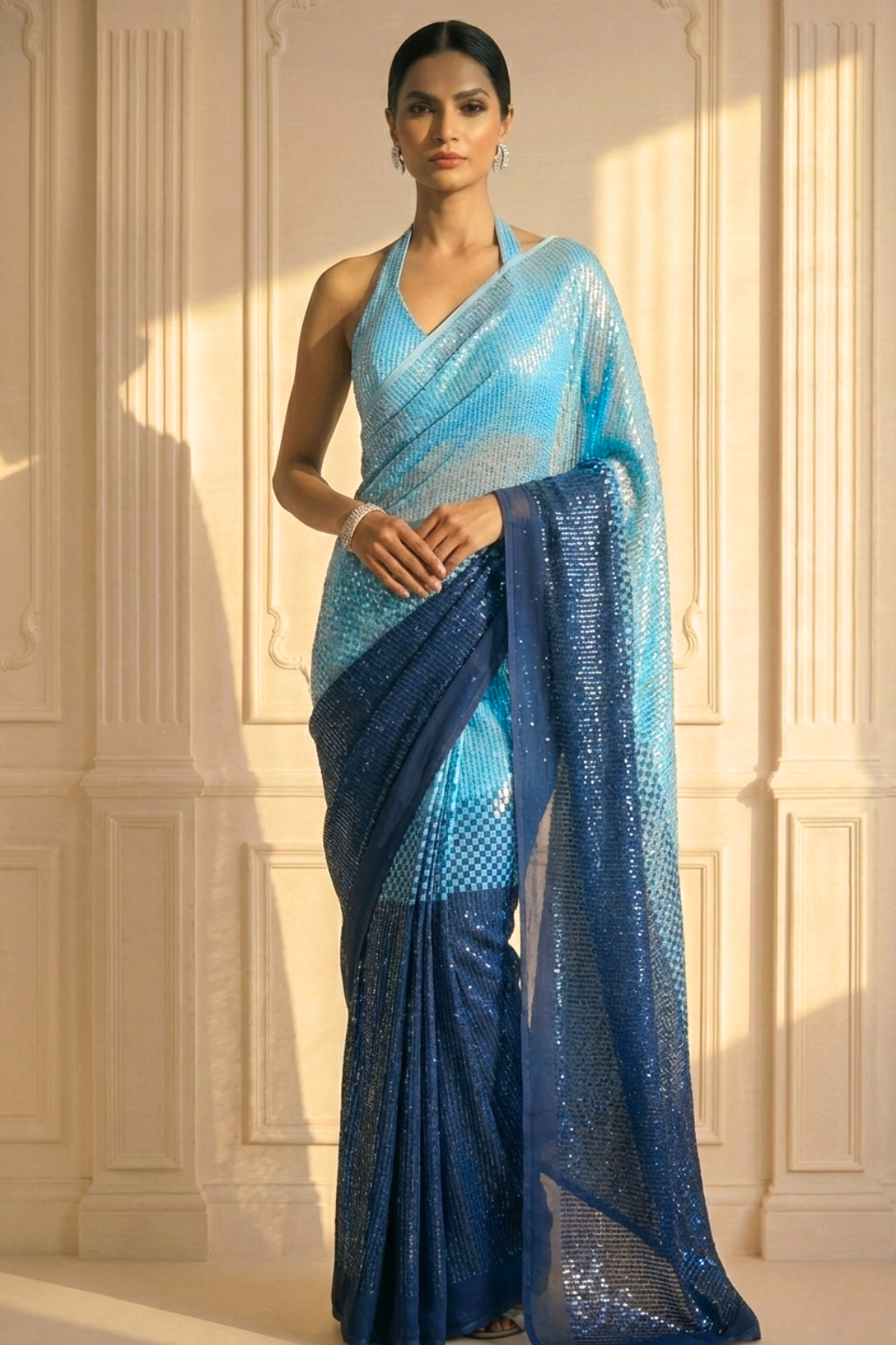 Dhiyona ST Allure Blue Ombre' Knitted Sequin Saree with Blouse Fabric