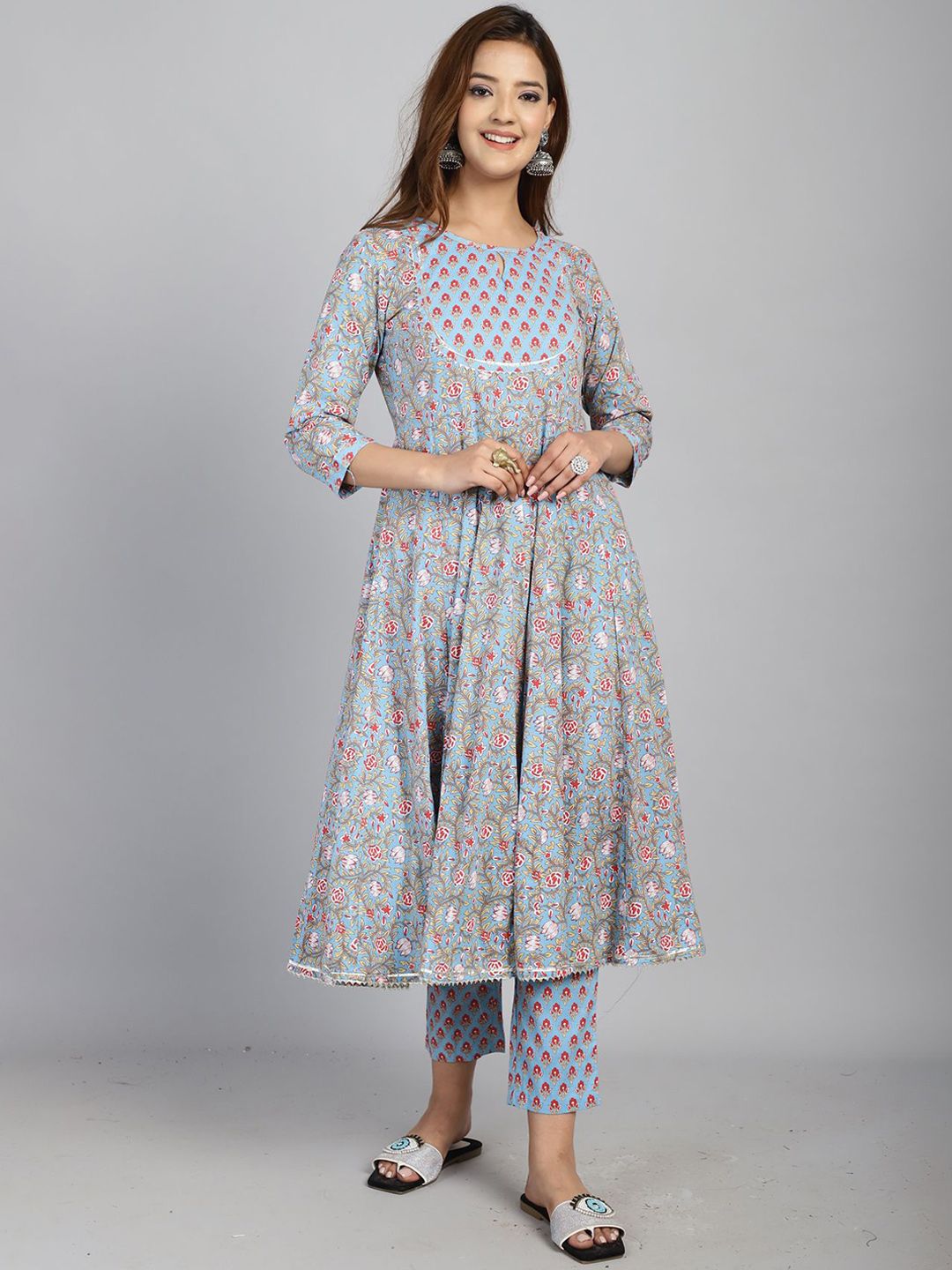 Dhiyona KL Floral Printed Pure Cotton Anarkali Kurta With Trouser & Dupatta