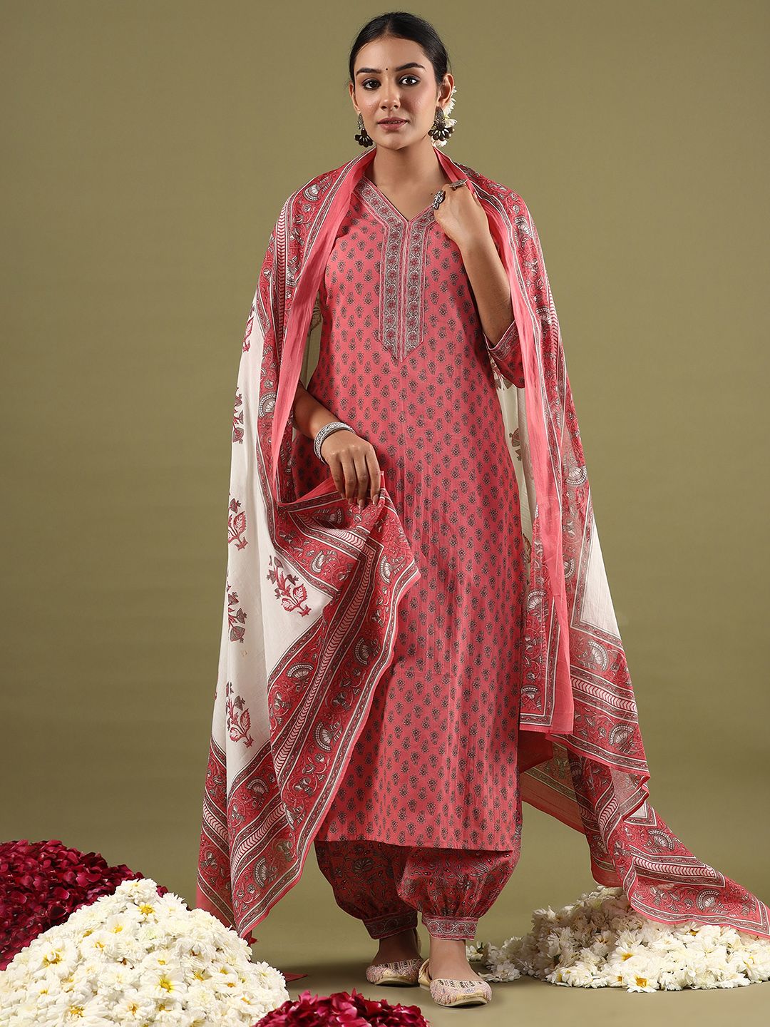 Dhiyona IE Ethnic Motifs Printed Pure Cotton Straight Kurta With Salwar & Dupatta