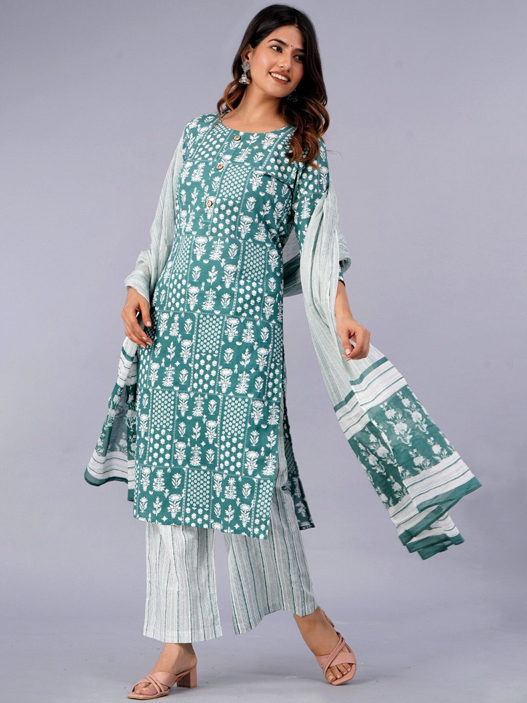 Dhiyona KL Ethnic Motifs Printed Pure Cotton Kurta With Palazzo & With Dupatta