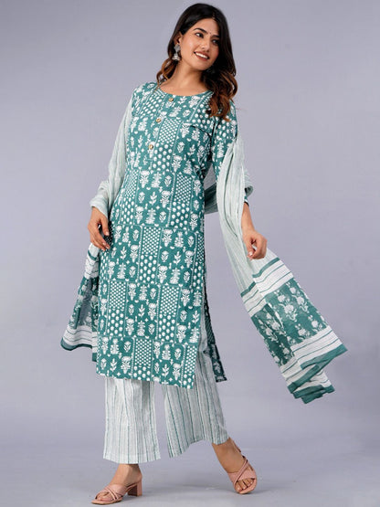 Dhiyona KL Ethnic Motifs Printed Pure Cotton Kurta With Palazzo & With Dupatta