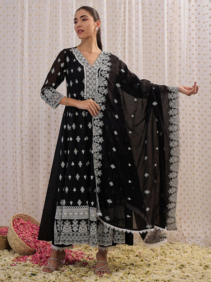 Dhiyona IE Ethnic Motifs Embroidered Pure Cotton Anarkali Kurta With Trouser And Dupatta